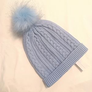 Knit Beanie With Faux Fur Pom-pom OS NWT Lt Blue